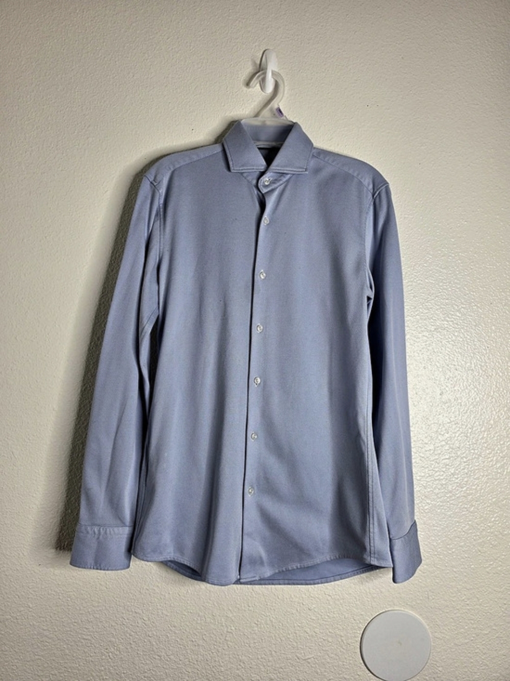BOSS Men's Blue Solid Slim Fit Stretch Dress Shirt 14.5/37 Size S